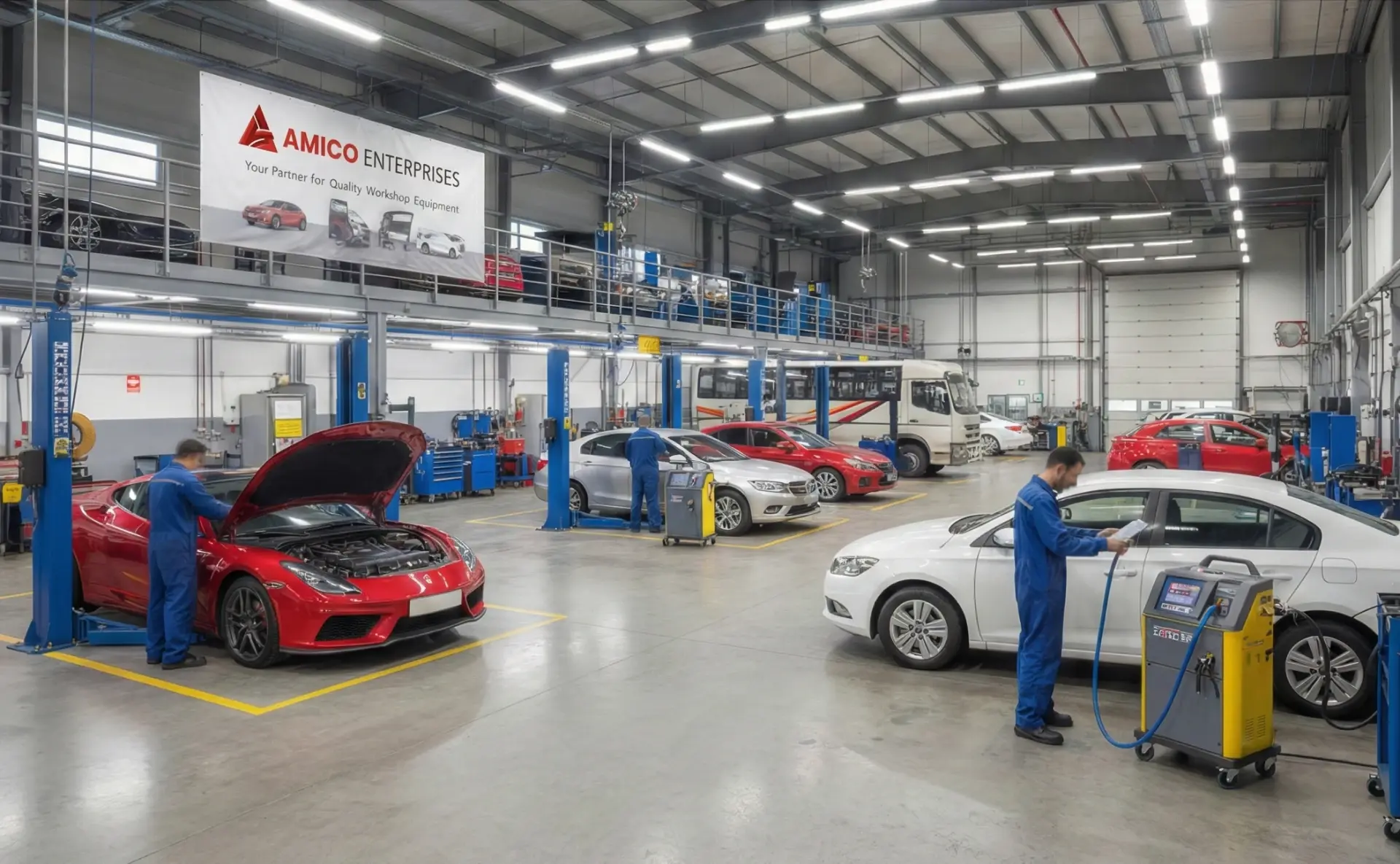 Automotive workshop with service bays and technicians